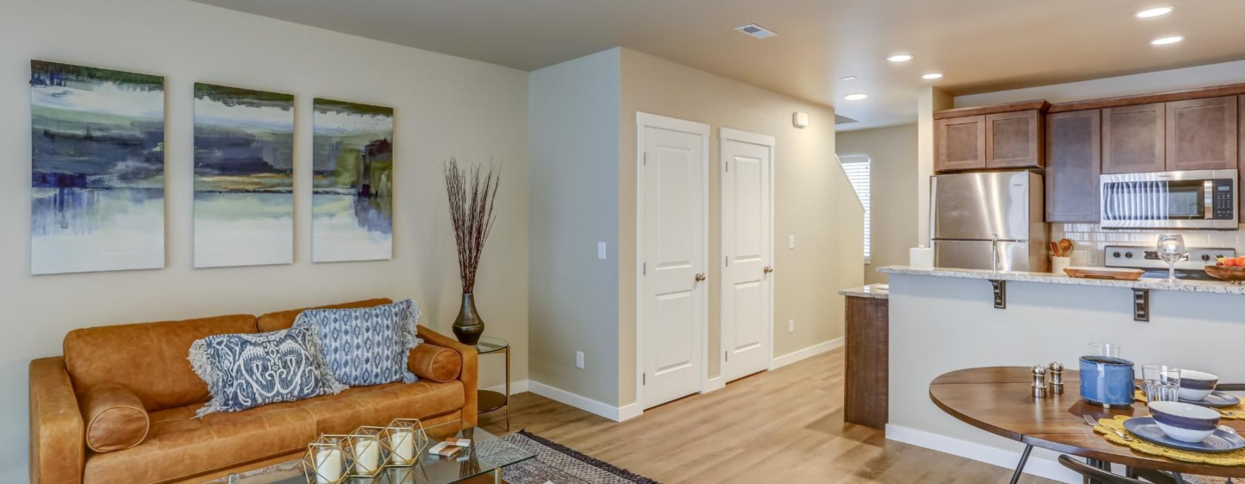 a living room with a couch and a table